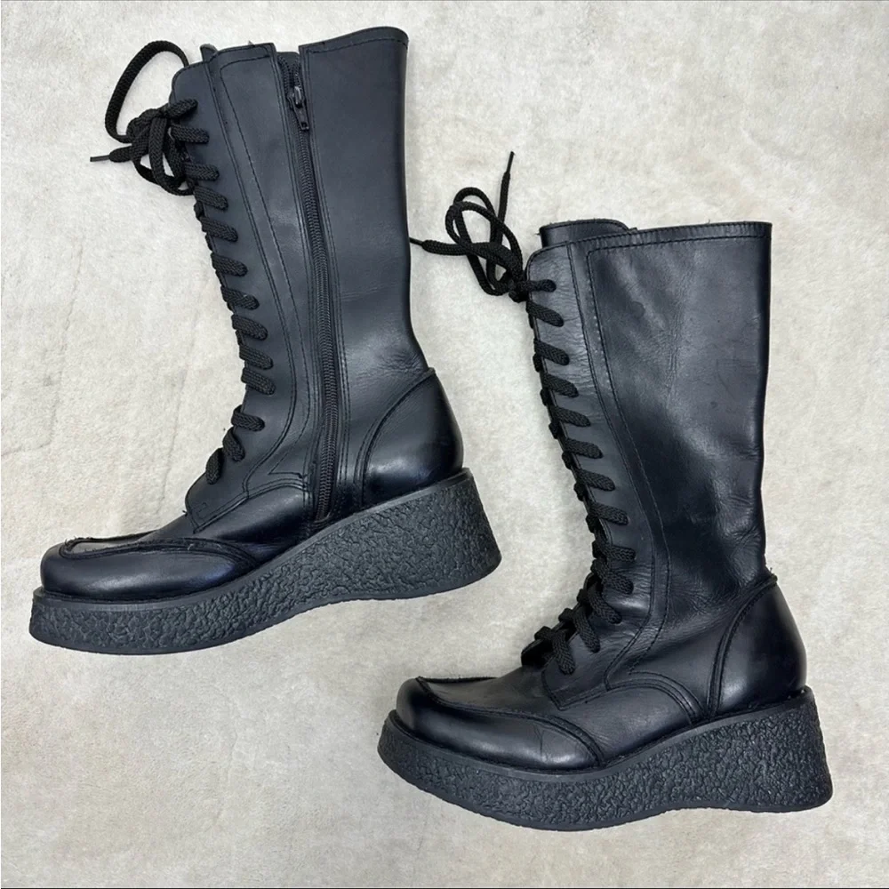 ⛔️SOLD⛔️Steve Madden Black Leather 90s Style Lace Up Platform Combat Moto Boots - Picture 1 of 10